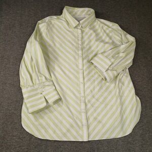 Women's Chico's Size 18 Green White Striped Short Sleeve Button Up Top